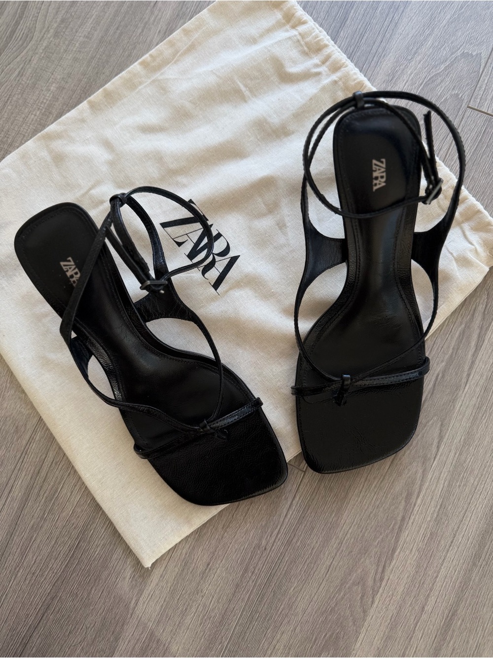 Zara Black Strappy Square-Toe Wrap Heels - Picture 8 of 8
